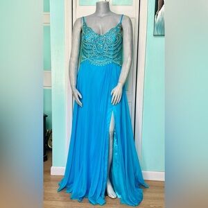 Size 16W 18 Prom Pageant Blue Chiffon Prom Pageant Aline Gown Dress Leg Slit